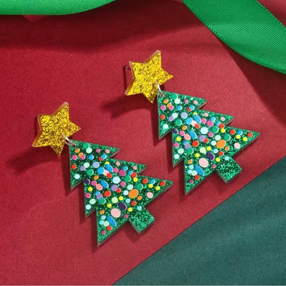 Jewelry - NWT Green Glitter Acrylic Christmas Tree Dangling Earrings Gold Star Polka Dots